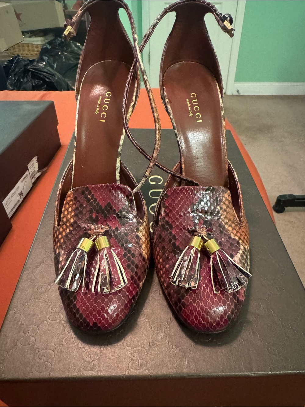 Gucci Burgundy and Tan Snakeskin Tassel Slingback Heels